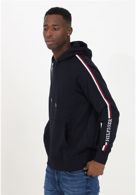 Blue men's sweatshirt with hood and drawstring and global stripes on the sleeves TOMMY HILFIGER | MW0MW33662DW5DW5